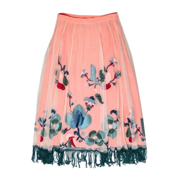 Anthropologie Akemi + Kin Embroidered Floral Tulle Maxi Skirt with Fringe Hem 14 - Picture 2 of 15